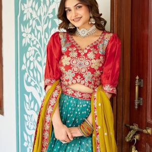 see green mono silk lehngha choli
