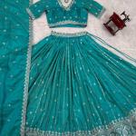 Teal Blue Mirror Work Cotton Lehenga Set