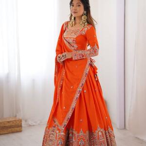 Orange Mirror Embroidered Lehenga Set