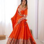 Orange Mirror Embroidered Lehenga Set