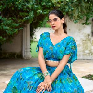 Sky Blue Color Floral Print Chiffon Co-ord Set Chaniya Choli