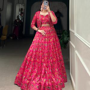 Embrace tradition with a touch of elegance in this Tussar silk Floral Print Wedding Lehenga