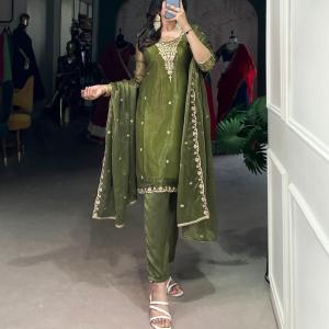 Olive Green Color Sequins And Thread Embroidery Work Gold Coin Salwar Suit
