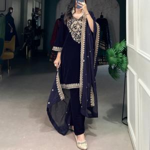 Navy Blue Color Sequins And Thread Embroidery Work Velvet Salwar Suit
