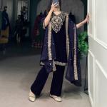 Navy Blue Color Sequins And Thread Embroidery Work Velvet Salwar Suit