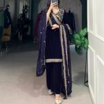 Navy Blue Color Sequins And Thread Embroidery Work Velvet Salwar Suit
