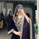 Navy Blue Color Sequins And Thread Embroidery Work Velvet Salwar Suit