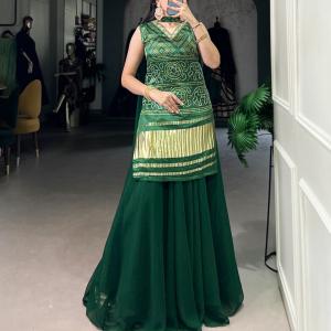 Printed and Handwork Gaji Silk Kurti Plazo Set